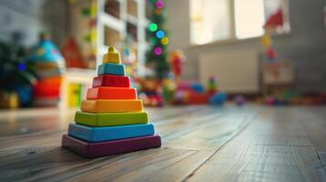 ai generiert ein Kinder- mehrfarbig Plastik Spielzeug Pyramide steht auf ein hölzern Fußboden foto