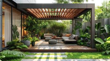 ai generiert schön modern Terrasse mit hölzern Pergola und eingetopft Pflanzen foto