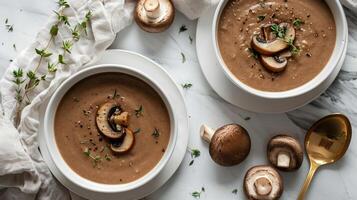 ai generiert schön Foto von Pilz Suppe im Weiß Platten auf ein Weiß Marmor Tisch. in der Nähe Lügen ein schön golden Löffel