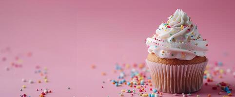 ai generiert ein Geburtstag Cupcake Komposition einstellen gegen ein Rosa Hintergrund foto