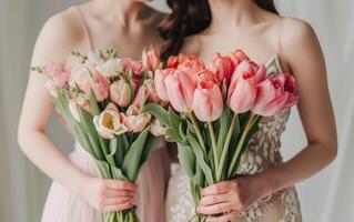 ai generiert Frau und ihr Mutter halten Blumensträuße von Tulpen foto