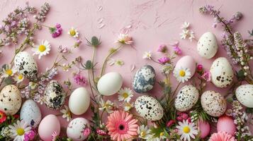 ai generiert ein Ostern Blumen- Hintergrund mit ein Vielfalt von Eier und Eierschalen geschmückt mit natürlich botanisch Elemente foto