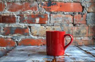 ai generiert rot Kaffee Tasse auf Weiß Tabelle gegen ein Backstein Mauer foto