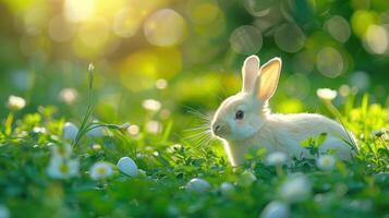 ai generiert schön hell Ostern Hintergrund mit das Ostern Hase im das Grün Gras foto