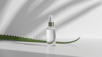 ai generiert ein transparent schön Flasche von Gesicht Serum ohne ein Marke steht auf ein Weiß minimalistisch Hintergrund foto