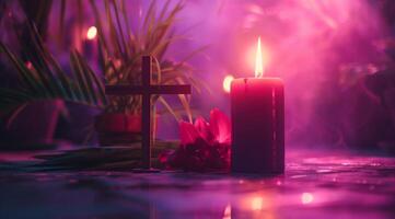 ai generiert ein Kreuz Nächster zu ein Kerze mit ein lila Hintergrund foto