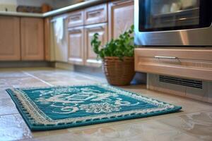 ai generiert ein Türkis Teppich auf das Küche Zähler foto