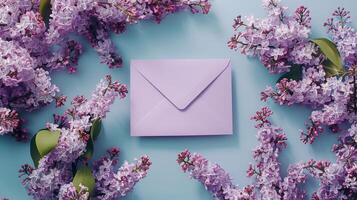 ai generiert schön Frühling lila Blumen vereinbart worden mit ein leeren lila Briefumschlag gegen ein Blau Hintergrund. foto