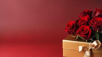 ai generiert schön minimalistisch rot Hintergrund mit rot Rosen und ein klein golden Geschenk Box mit groß Copyspace Bereich foto