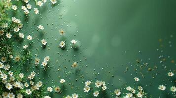 ai generiert abstrakt minimalistisch Grün Hintergrund auf welche klein Gänseblümchen Blumen sind verstreut foto
