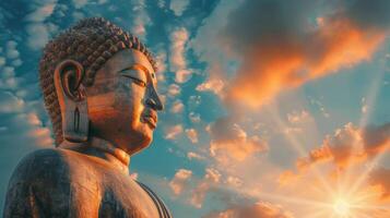 ai generiert golden Buddha Statue im das Wolken auf das links. minimalistisch Himmel Hintergrund mit Sonne Strahlen foto