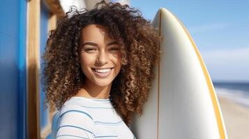 ai generiert ein gut aussehend lächelnd Frau mit lockig Haar steht in der Nähe von das Ozean und hält ein Surfbrett im seine Hände foto