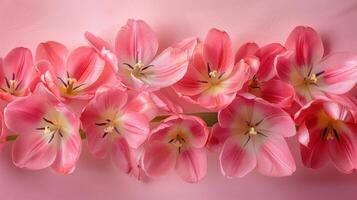 ai generiert Rosa Tulpe Blumen auf ein Rosa Hintergrund, symbolisieren das Erwartung von Frühling foto
