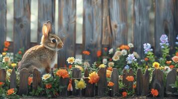 ai generiert ein malerisch Ostern Szene mit beschwingt Blumen, ein rustikal hölzern Zaun, und ein charmant Hase foto