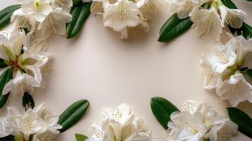 ai generiert abstrakt schön minimalistisch Hintergrund leeren im das Center und mit Weiß Rhododendron Blumen foto