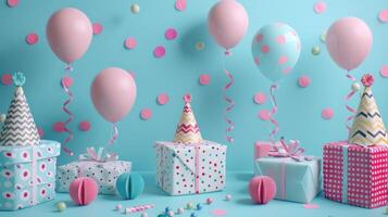 ai generiert Geburtstag Party Dekorationen umfassen Luftballons, Streamer, Hüte, und Geschenk Kisten auf minimalistisch Blau Hintergrund foto