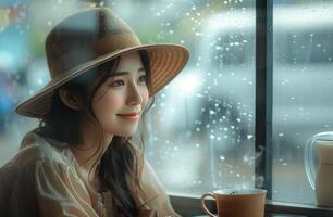 ai generiert einer Frau tragen ein Hut und ein Lächeln Sitzung durch ein Fenster suchen beim ein Frau mit ein Tasse von Tee foto