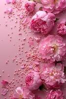 ai generiert ein von oben nach unten Bild mit Rosa Pfingstrose Rosen und Sträusel auf ein Pastell- Rosa Hintergrund mit Raum zum Anpassung foto