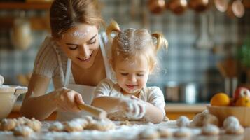 ai generiert ein Mutter und Kind Backen zusammen, ein Szene gefüllt mit mit Mehl bestäubt lächelt und warm Kekse foto
