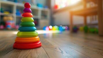 ai generiert ein Kinder- mehrfarbig Plastik Spielzeug Pyramide steht auf ein hölzern Fußboden foto