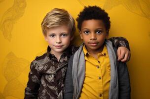 ai generiert zwei Jungs Stehen durch jeder andere auf ein Gelb Hintergrund foto