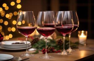 ai generiert vier Wein Brille einstellen oben im ein Essen Tabelle zum ein Urlaub Abendessen foto