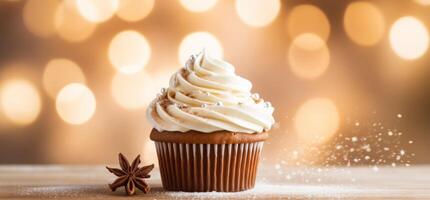 ai generiert Glasur Cupcake mit Fudge Glasur auf Tischplatte im Urlaub Stimmung foto