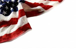 ai generiert ein amerikanisch Flagge ist gezeigt im Vorderseite von ein Weiß Hintergrund foto