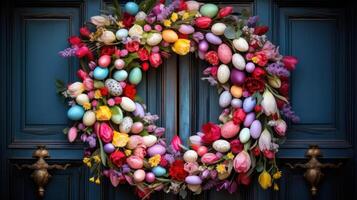 ai generiert ein exquisit Bild von ein Ostern Kranz, aufwendig gefertigt mit bunt Eier foto