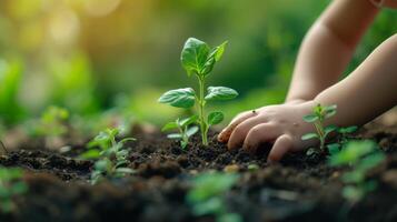 ai generiert ein Kind Pflanzen ein Sämling im ein Garten, Lernen die Geduld und Pflege wie Sie nähren Leben. foto