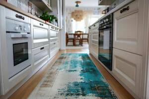 ai generiert Türkis Küche Teppich im das Küche mit Weiß Zähler foto