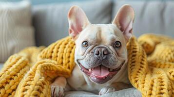 ai generiert ein charmant Französisch Bulldogge trägt ein komisch Ausdruck, es ist faltig Gesicht vermitteln Wärme und Humor foto