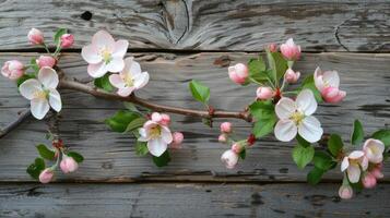 ai generiert Blühen Geäst im Frühling gegen ein hölzern Hintergrund, präsentieren Apfel Blüten foto