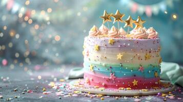 ai generiert ein atemberaubend Geburtstag Kuchen geschmückt mit Pastell- Regenbogen Farben, festlich Ammer, und golden Star Kuchen Topper foto