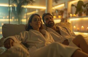 ai generiert Mann und Frau entspannend im Bademantel auf Sofa beim Spa foto
