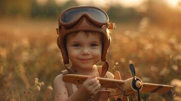 ai generiert ein wenig süß Junge im ein Piloten Helm Theaterstücke mit hölzern Flugzeuge foto