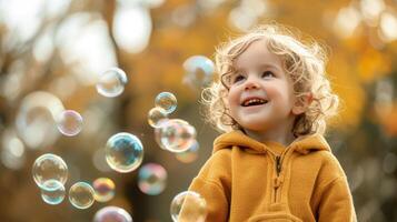 ai generiert ein Kleinkinder kichern wie Sie Pop Seife Blasen, das Inbegriff von einfach Kindheit Freuden foto