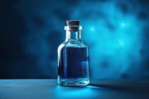 ai generiert ein Flasche von Blau Flüssigkeit auf Blau Hintergrund foto