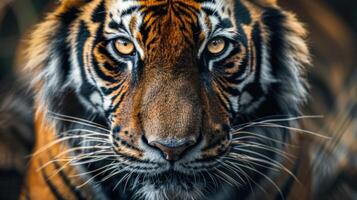 ai generiert heftig Nahansicht von ein wild Tigers Piercing Blick, ausströmend Leistung und Anmut foto