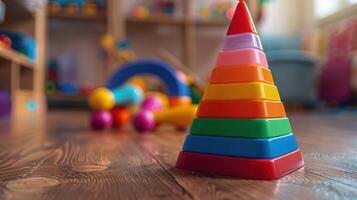 ai generiert ein Kinder- mehrfarbig Plastik Spielzeug Pyramide steht auf ein hölzern Fußboden foto