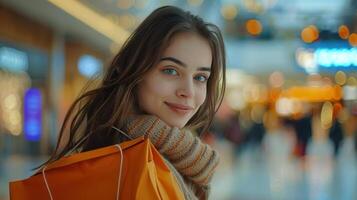 ai generiert ein schön jung Frau mit ein hell Einkaufen Tasche steht und sieht aus lächelnd beim das Kamera foto