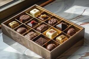 ai generiert einer nett Schokolade Kasten, Gold eingewickelt Auswahl von Pralinen im ein Box foto