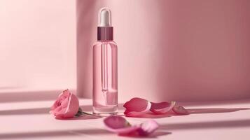 ai generiert ein transparent, schön Flasche von Gesicht Serum ohne ein Marke steht auf ein Licht Rosa minimalistisch Hintergrund foto