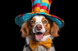 ai generiert ein süß Hund tragen ein Clown Hut foto
