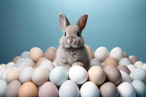 ai generiert ein Hase Hase Sitzung im ein Kreis von Eier foto