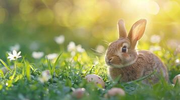 ai generiert schön hell Ostern Hintergrund mit das Ostern Hase im das Grün Gras foto