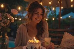 ai generiert ein froh jung Frau ist Teilen ein Geburtstag Kuchen mit ein Freund auf ein Sommer- Terrasse beim Nacht foto