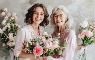 ai generiert zwei Frauen sind halten Blumen und sind lächelnd foto