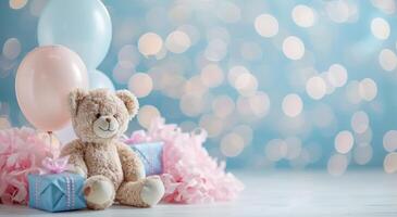 ai generiert Teddy Bären, Luftballons und Geschenke auf ein Rosa Hintergrund foto