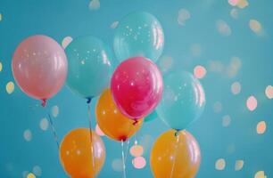ai generiert ein Sammlung von mehrfarbig Luftballons auf ein Blau Hintergrund foto
